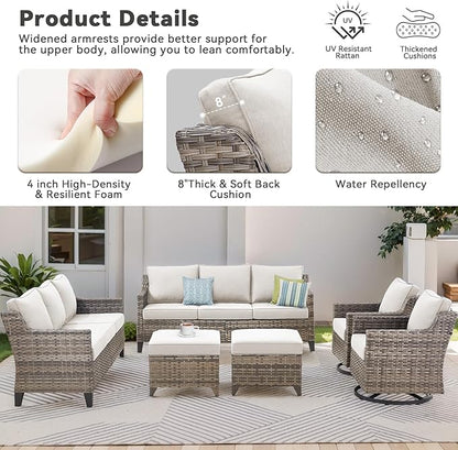 Patio Furniture Set, 6 Pieces Outdoor Wicker Rattan Sofa Couch with Rattan Chair, Side Table, Ottomans and Comfy Cushions, All Weather Patio Conversation Sets, Suit for Porch Deck Garden