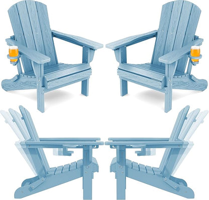 SERWALL Folding Adirondack Chair Set of 4, Adjustable Adirondack Chair with 3 Recline Positions, All Weather HDPE Outdoor Adirondack with Cup Holders, Light Blue
