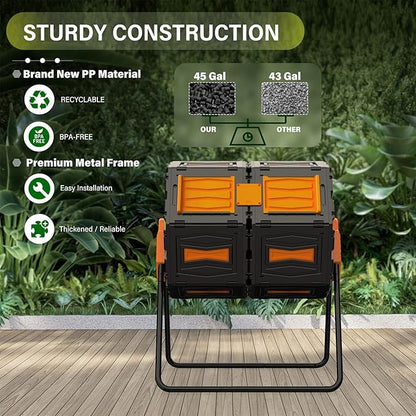 Compost Bin Outdoor 45 Gallon, BPA-Free Dual Chamber Rotating Composter for Kitchen Waste, Heavy-Duty Fast Compost Tumbler Great Sustainable Gift for Winter Garden Yard & Spring Ready Soil