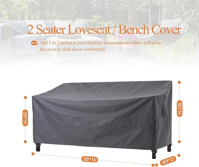 WJ-X3 2-Seater Outdoor Loveseat Covers, Heavy Duty Patio Couch Covers, Patio Sofa Covers Waterproof, High Wind Resistant Design for Outdoor Furniture Cover, 58W x 40D x 35H, Grey