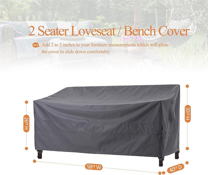 WJ-X3 2-Seater Outdoor Loveseat Covers, Heavy Duty Patio Couch Covers, Patio Sofa Covers Waterproof, High Wind Resistant Design for Outdoor Furniture Cover, 58W x 40D x 35H, Grey