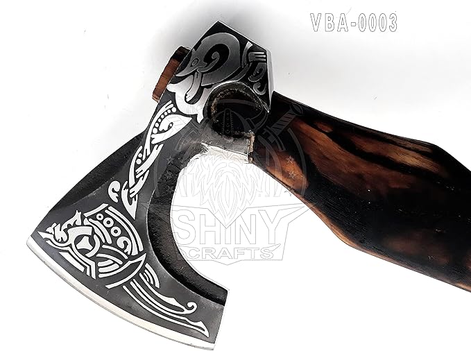SHINY CRAFTS® Handcrafted Decorative Viking Axe with Leather-Wrapped Handle & Sheath – Engraved Blade – Ceremonial Collectible Gift for Men, Warriors, History Buffs, Cosplay & Display (VBA-03)