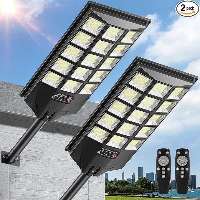 Solar Lights Outdoor for Outside, Waterproof Solar Street Lights Outdoor, 6500K Dusk to Dawn Security Flood Lights Motion Sensor with Remote Control for Yard, 2 Pack