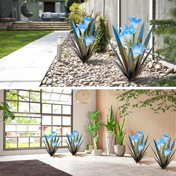 Homight Metal Agave Plant Outdoor Decoration Lily Mexican Yard Art Garden Gift Home Decor Hand Painted Metal Agave Garden Yard Statue, Outdoor Lawn Ornaments(3 Big Blue Lilies)