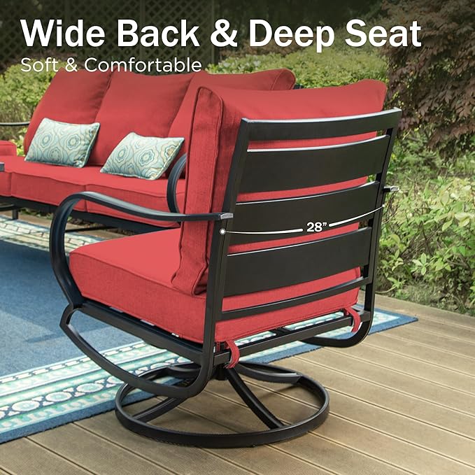 PHI VILLA 6 PCS Patio Furniture Sets with 2*Swivel Cushioned Sofa Chairs, 2* Leg Chairs, 1 * 3-Seat Wide Deep Seating Bench and 1*Coffee Table, Outdoor Metal Furniture Set for 7 Person(Red)