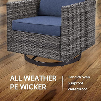 7 Piece Wicker Patio Furniture with Fire Pit Table - Outdoor Conversation Set with 50,000 BTU Fire Pit, All Weather Rattan Patio Set for Deck Backyard Garden - Grey Wicker Blue Cushion