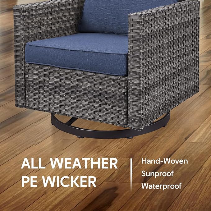 6 Piece Wicker Patio Furniture Set - Outdoor Swivel Rocker Chairs Set with Side Table, 3 Seat Sofa and Ottomans, Small Patio Conversation Sets Proch Furniture for Balcony Deck - Grey/Blue