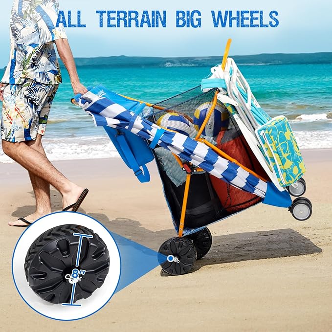 Old Bahama Bay Beach Cart with Large Wheels for Sand, Wide Wheelbase Beach Wagon with Insulated Cooler Bag, Body Board and Umbrella Holder | 100lb Capacity