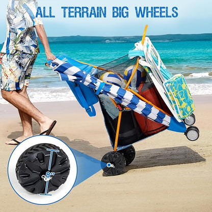 Old Bahama Bay Beach Cart with Large Wheels for Sand, Wide Wheelbase Beach Wagon with Insulated Cooler Bag, Body Board and Umbrella Holder | 100lb Capacity