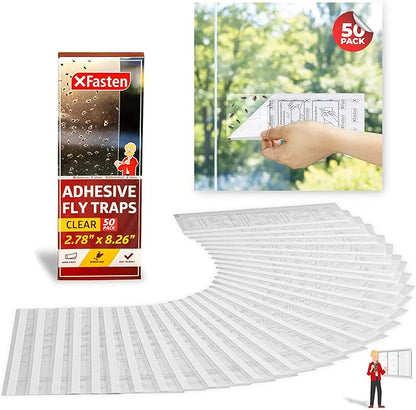 XFasten Window Fly Traps Sticky Clear 50-Pack Fruit Fly Traps for Indoors Sticky, Residue-Free, Odorless, Discreet Adhesive Indoor Catcher for Fruit Flies Houseflies, Gnats on Windows Kitchen Garage