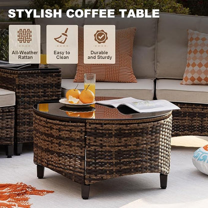 MEISSALIVVE 8 Piece Outdoor Patio Furniture Set, Half-Moon Curved Sectional Set with Wood Armrests, Patio Conversation Set, 2 Half-Moon Ottomans，Coffee & Side Tables (Brown)