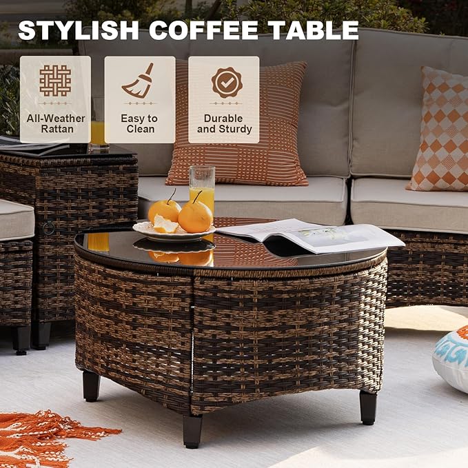 MEISSALIVVE 6 Piece Outdoor Patio Furniture Set, Half-Moon Curved Sectional Set with Wood Armrests, Patio Conversation Set, Tempered Glass Coffee & Side Tables (Brown)
