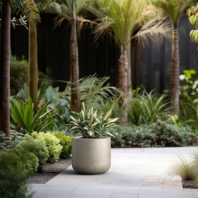 Kante 13.8-Inch Dia Round Concrete Planter, Indoor & Outdoor Garden Pot with Drainage Hole & Rubber Plug, Ideal for Flower and Tree, Weathered Concrete