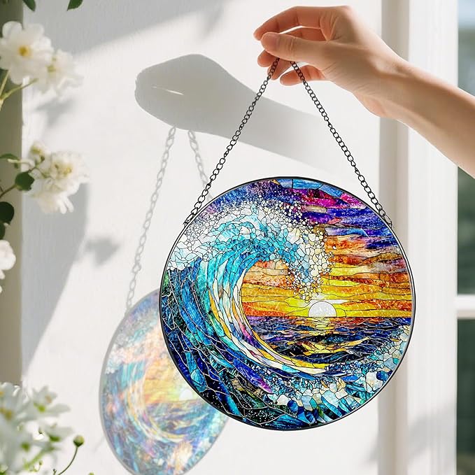 Stained Glass Window Hanging, Pauyadu 8 Inch Sea Waves Stained Glass Suncatcher, Sunset on The Beach Window Decor, Gift for Beach Lovers, Natural Gifts, Christmas, Mother's Day, Housewarming Gifts