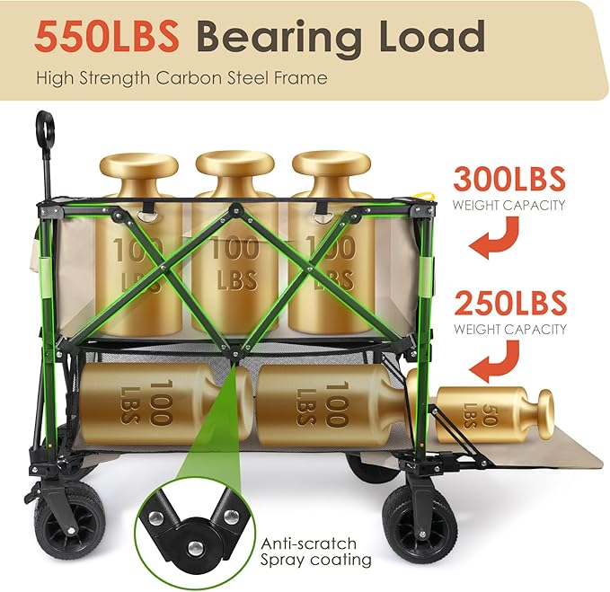 HOPERAN 400L XL Wagons Carts Foldable, 54" Extra Length Double Decker Collapsible Wagon Cart with Tailgate, 8" Big All-Terrain Wheels, 550lbs Load Utility Grocery Cart for Camping,Sports,Beach