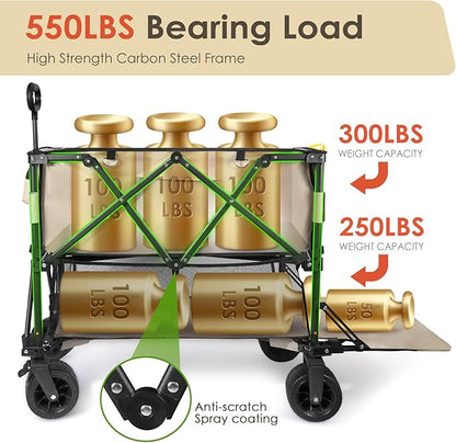 HOPERAN 400L XL Wagons Carts Foldable, 54" Extra Length Double Decker Collapsible Wagon Cart with Tailgate, 8" Big All-Terrain Wheels, 550lbs Load Utility Grocery Cart for Camping,Sports,Beach