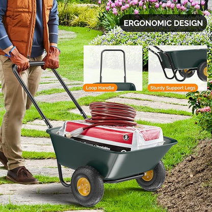 VINGLI 2 Wheel Wheelbarrow, Plastic and Steel Wheel Barrel, 300lbs Capacity Garden Cart for Lawn, Gardening, Construction