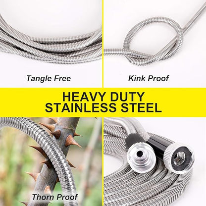 FOXEASE Metal Garden Hose 10 ft - Stainless Steel Water Hose with Adjustable Nozzle, Lightweight, Tangle Free & Kink Free, Heavy Duty, High Pressure, Flexible, Dog Proof