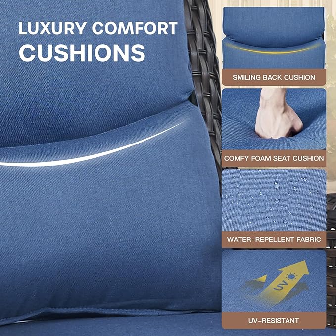 Patio Luxury Conversation Set 6PCS Resin Wicker Swivel Chairs Set, 4 Swivel Patio Chairs with Rattan Side Table and 30in Square Wicker Fire Table Set Brown Wicker|Blue Cushions