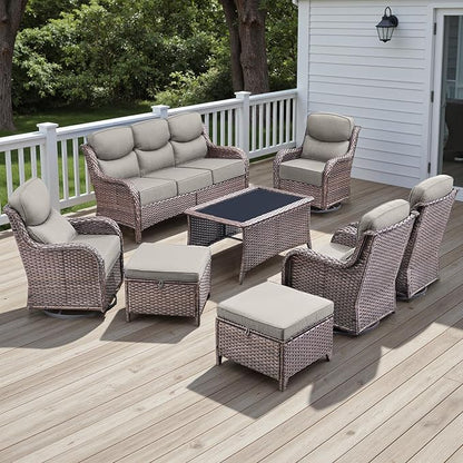 Rilyson Wicker Outdoor Patio Furniture Set - 8 Piece Patio Conversation Sets with Swivel Rocker Chairs, Ottomans, Sofa and Coffee Table, 6 inch Cushions, Deep Seating, for Porch Deck Brown/Beige