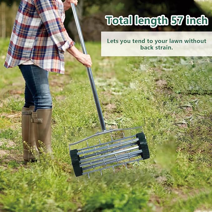 16-Inch Heavy Duty Rolling Lawn Aerator With Sharp Spikes & Anti-Slip Handle - Push Aerator for Garden, Yard - Manual Tool
