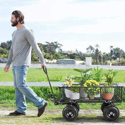 TEANDE Garden Cart, Heavy Duty 880Lbs Capacity Mesh Steel Garden Cart with Removable Sides to Convert into Flatbed, Utility Metal Wagon with 180° Rotating Handle and 10 in Tires, Black