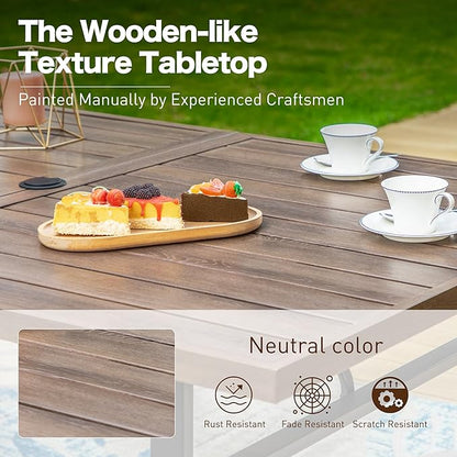 7 Piece Patio Dining Set for 6, 64”Rectangular Wood-Like Dining Table with Umbrella Hole, 6 Metal Red Chairs, Outdoor Table and Chairs Set for Lawn Backyard and Deck