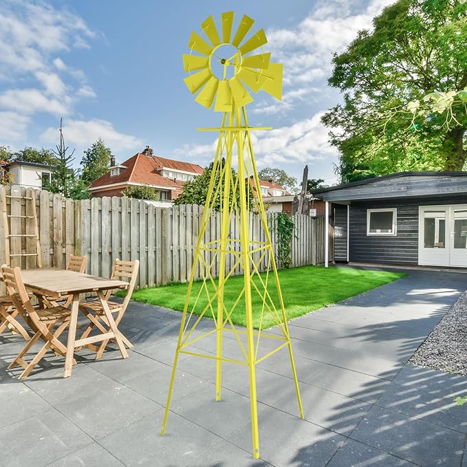 Garden Windmill for Yard Decor, 8 ft Tall Metal Windmill with Spinning Blades, Weather-Resistant Outdoor Windmill for Lawn, Farmhouse, Rustic & Farm Decor,Yellow