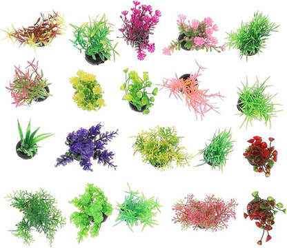 20pcs Fish Tank Decorations Set Aquarium Plants, Colorful Artificial Decor - Mini Plastic Water Plants Grass Accessories for Betta Goldfish Turtle, Random Color