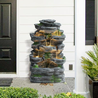 7-Tiers Garden Waterfall Fountain Outdoor - Water Fountains and Waterfalls, Outdoor/Indoor Floor Standing Resin Water Fountain with LED Light for Patio, Garden and Backyard, Deck, Porch, Home