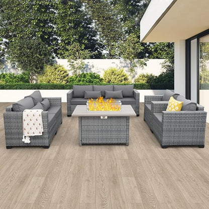 5 Piece Wicker Patio Furniture Sets Outdoor Conversation Set, PE Rattan Sectional Sofa Couch with 45" Fire Pit Table and Non-Slip Grey Cushions, Furniture Covers Included