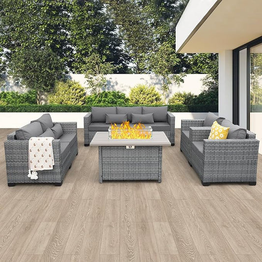 5 Piece Wicker Patio Furniture Sets Outdoor Conversation Set, PE Rattan Sectional Sofa Couch with 45" Fire Pit Table and Non-Slip Grey Cushions, Furniture Covers Included