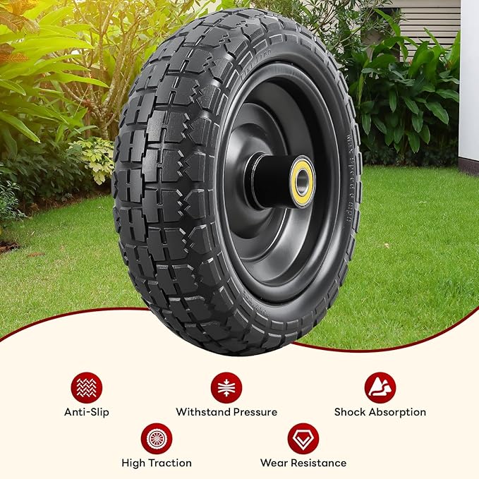 2 Pcs 10” Solid Tires, 10" x 3" Flat Free Tire and Wheel with 5/8” Axle Bore Hole and Double Sealed Bearings,2.1" Offset Hub Compatible with 10x3 Hand Truck, Wheelbarrow, Lawn Mower Tires