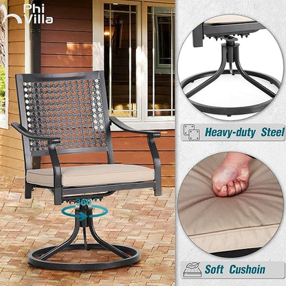 PHI VILLA 5 Pieces Outdoor Dining Set for 4, 37" Square Metal Wrought Iron Table with Umbrella Hole & Swivel Steel Chairs with Cushions, Modern Furniture Set for Patio, Deck, Porch, Yard