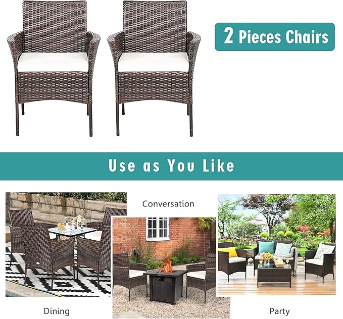 HAPPYGRILL Set of 2 Patio Dining Chairs Outdoor PE Wicker Chairs with Soft Cushions, All-Weather Rattan Chairs for Garden Backyard Lawn Poolside Balcony