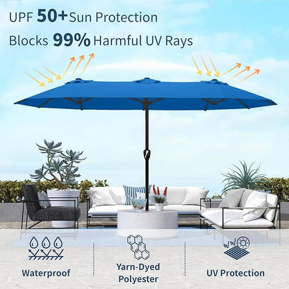 15FT Double Sided Patio Umbrella with Base Included Large Outdoor Market Umbrella with Crank Handle, UV Resistant Canopy, Sturdy Frame for Garden, Poolside, Deck, Royal Blue