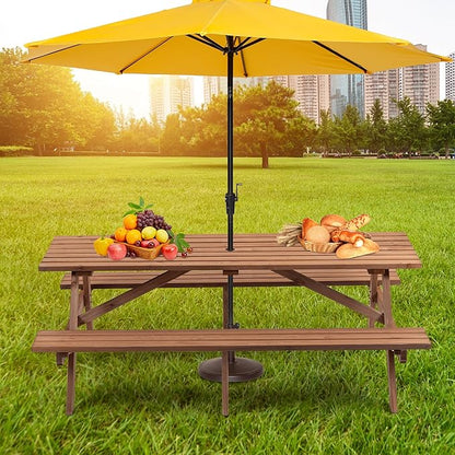 Picnic Table with Bench for 8 Person Outdoor Wooden Rectangle Table for Patio Garden Backyard Large Outside Dining Table Set with Umbrella Hole 6.26FT Brown