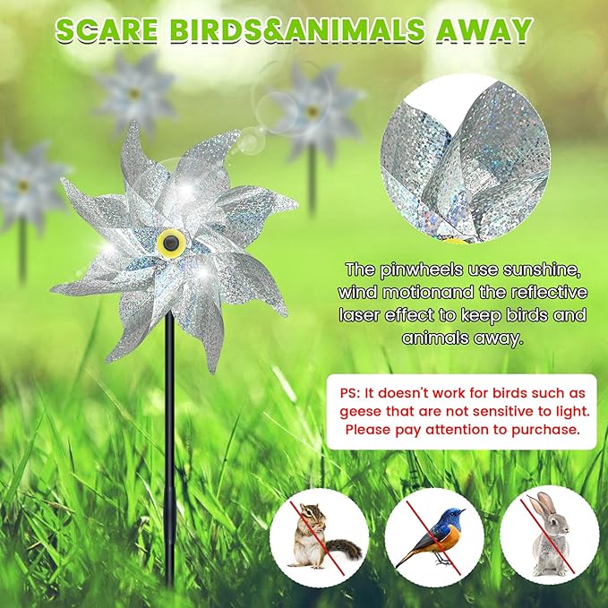 10 PCS Reflective Pinwheels for Yard and Garden Bird Devices Pre-Installed Sparkly Wind Spinner Deterrent to Scare Birds Away from Yard Patio Farm (Silver)
