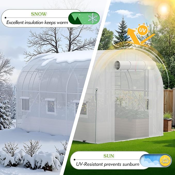 Greesum Walk-in Greenhouse for Outside Heavy Duty, Green House with Zippered Screen Doors & 6 Screen Windows for Winter, Ideal for Plant Protection and Growth, White
