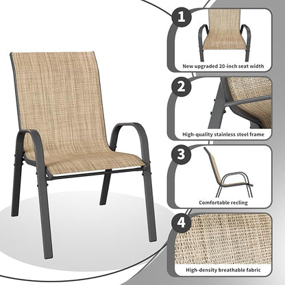 Patio Dining Chairs Set of 4, Stackable Dining Chairs High Back, Breathable Seat Fabric and Alloy Steel Frame Fit Backyard, Porch, Lawn，Poolside (Beige)