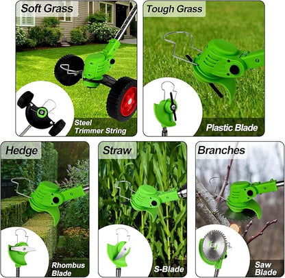 Cordless Weed Wacker Battery Powered Electric 21V 4.0Ah*2pcs 5 Types Blade&Wheels Grass Trimmer/Lawn Edger/Mower/Brush Cutter, Weeder Tool for Lawn Garden Pruning/Trimming (Unfoldable)