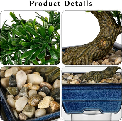 Artificial Bonsai Tree Faux Plants Indoor Small Fake Plants Decor with Blue Ceramic Pots for Home Table Office Desk Bathroom Shelf Bedroom Living Room Farmhouse Decorations
