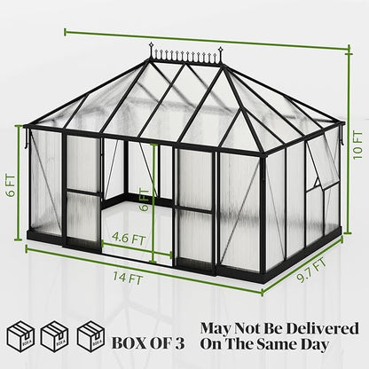 14x9.7x10 FT Polycarbonate Greenhouses for Outdoors, Large Winter Greenhouse Sunroom with 2 Adjustable Windows &Sliding Door, Walk-in Design with Aluminum Frame for Patio, Garden