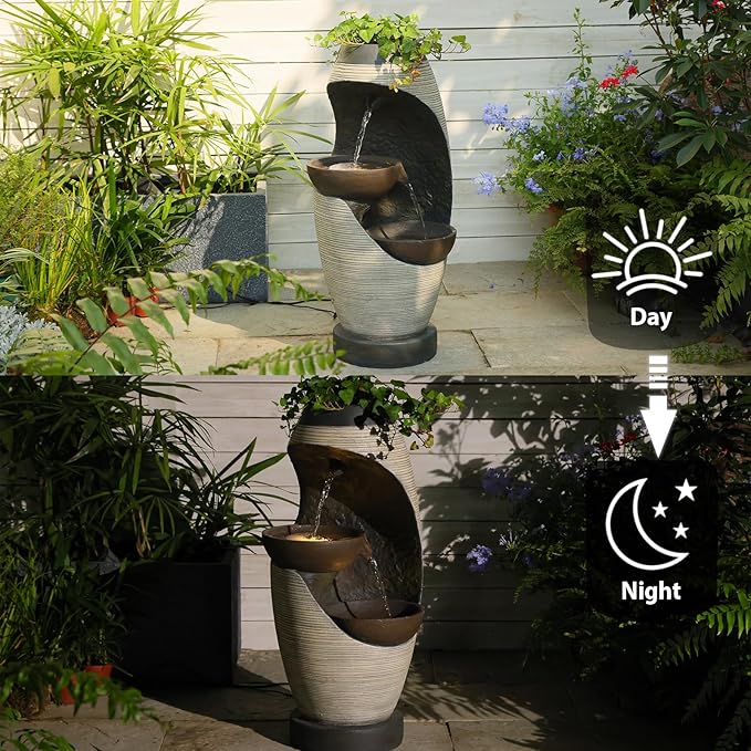 27.95''H Outdoor Garden Water Fountain, 2-Tier Bowl Shaped Floor - Standing Waterfall Fountain Indoor with LED Lights for Yard, Garden, Patio,Backyard & Home Decor