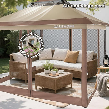 OASISHOME Pop-up Gazebo Portable Instant Canopy Tent 12x12, One-Push Locking System, with 4 Mesh Sidewall, Wheeled Bag, for Patio/Backyard/Outdoor/Parties/Events (Khaki)
