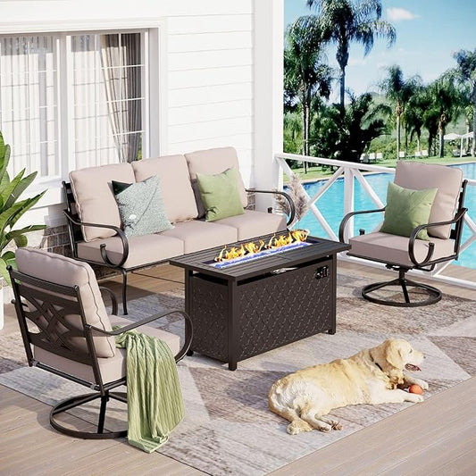 Sophia & William Patio Furniture Set with Fire Pit Table, Outdoor Conversation Sets 5 Seats Clearance with 45" Gas Fire Pit Table x 1, 3-seat Sofa x 1, Swivel Chair x 2 for Porch Lawn, Beige