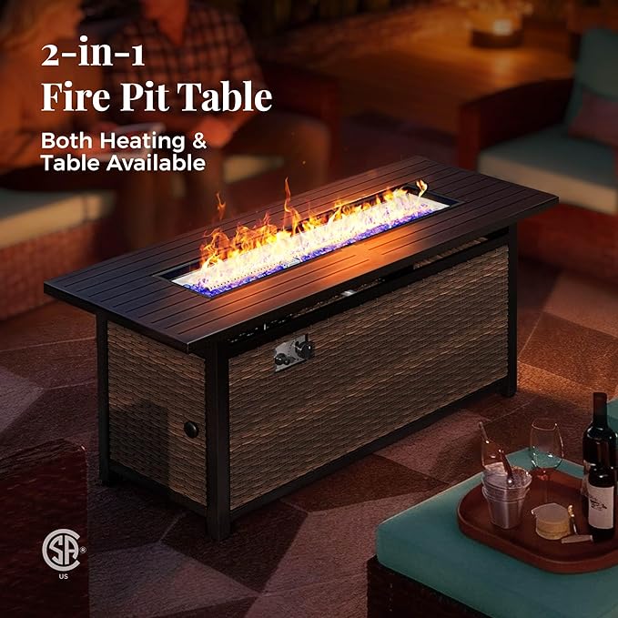Patio Furniture Set, 8 Pcs Wicker Rattan Outdoor Conversation Set, 4 x Leg Chairs, 1 x 3 Seater Sofa and 2 x Ottoman with 4" Thick Cushion and 56" Fire Pit Table, Blue