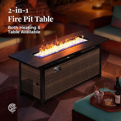 Patio Furniture Set, 8 Pcs Wicker Rattan Outdoor Conversation Set, 4 x Leg Chairs, 1 x 3 Seater Sofa and 2 x Ottoman with 4" Thick Cushion and 56" Fire Pit Table, Blue