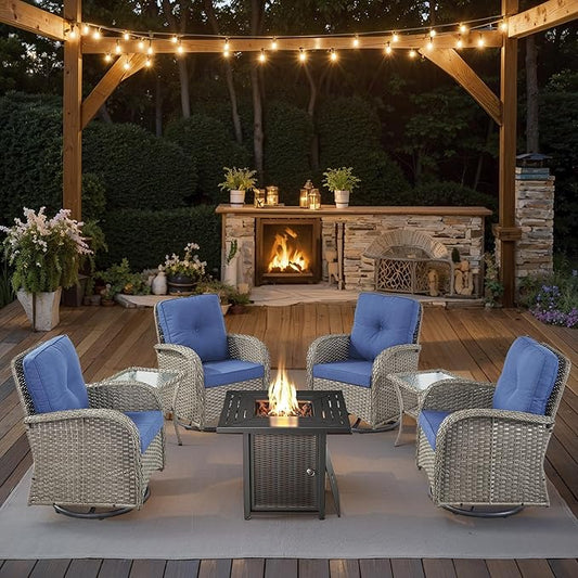 7 Piece Patio Furniture Set with Fire Pit Table - Wicker Patio Conversation Set with 4 Swivel Glider Chairs and 2 Tempered Glass Side Tables for Deck Backyard - Grey Wicker Blue Cushion