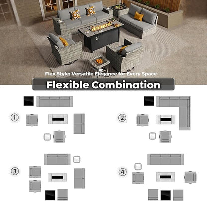 ovios 10 Pieces Patio Furniture Set, Outdoor Wicker Sectional Sofa with 54" Fire Pit Table Swivel Chairs, Modern Modular Deep Seat Rattan Couch Conversation Sets, Dark Grey